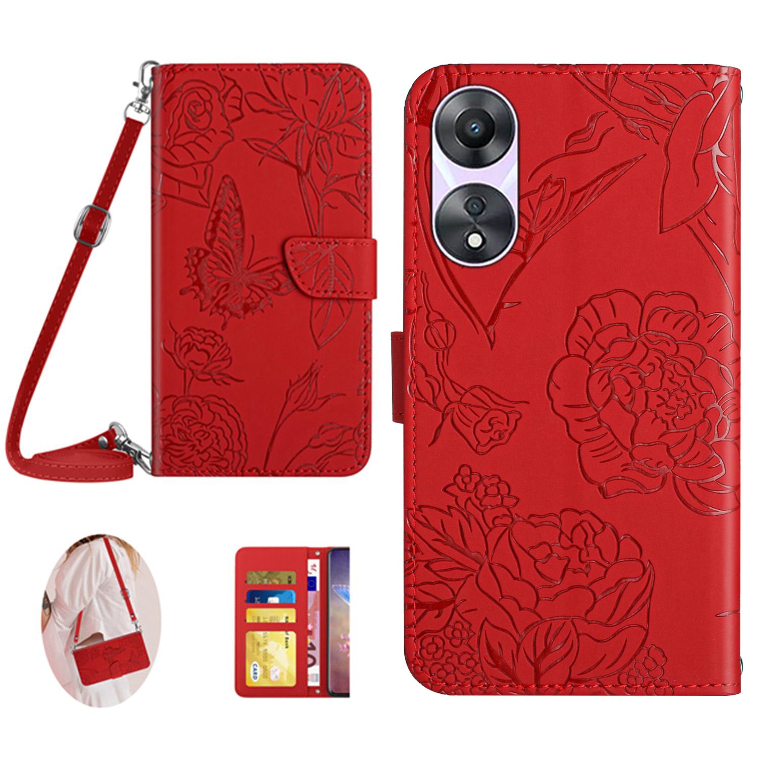 HT03 For Oppo A58 5G (China) A78 5G (Global Version) Butterfly Flowers Imprinted Leather Case Stand Wallet Cover with Shoulder Strap HT03 For Oppo A58 5G (China) A78 5G (Global Version) Butterfly Flowers Imprinted Leather Case Stand Wallet Cover with Shoulder Strap
